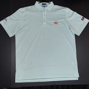Men's Large Stitch Performance Golf Polo Shirt  Light Blue White Striped Logo